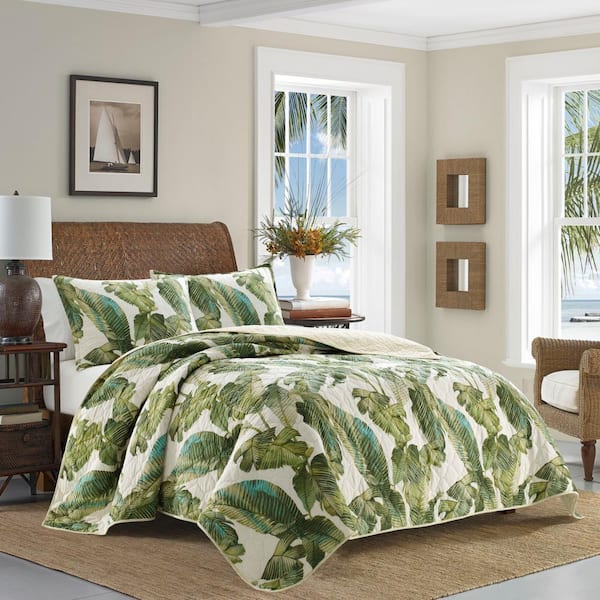 Fiesta Palms 3-Piece Green Floral Cotton Full/Queen Quilt Set
