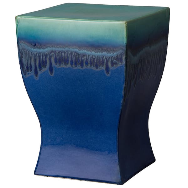 17.5 in. H Glossy Glaze Green/Blue Square Ceramic Garden Stool