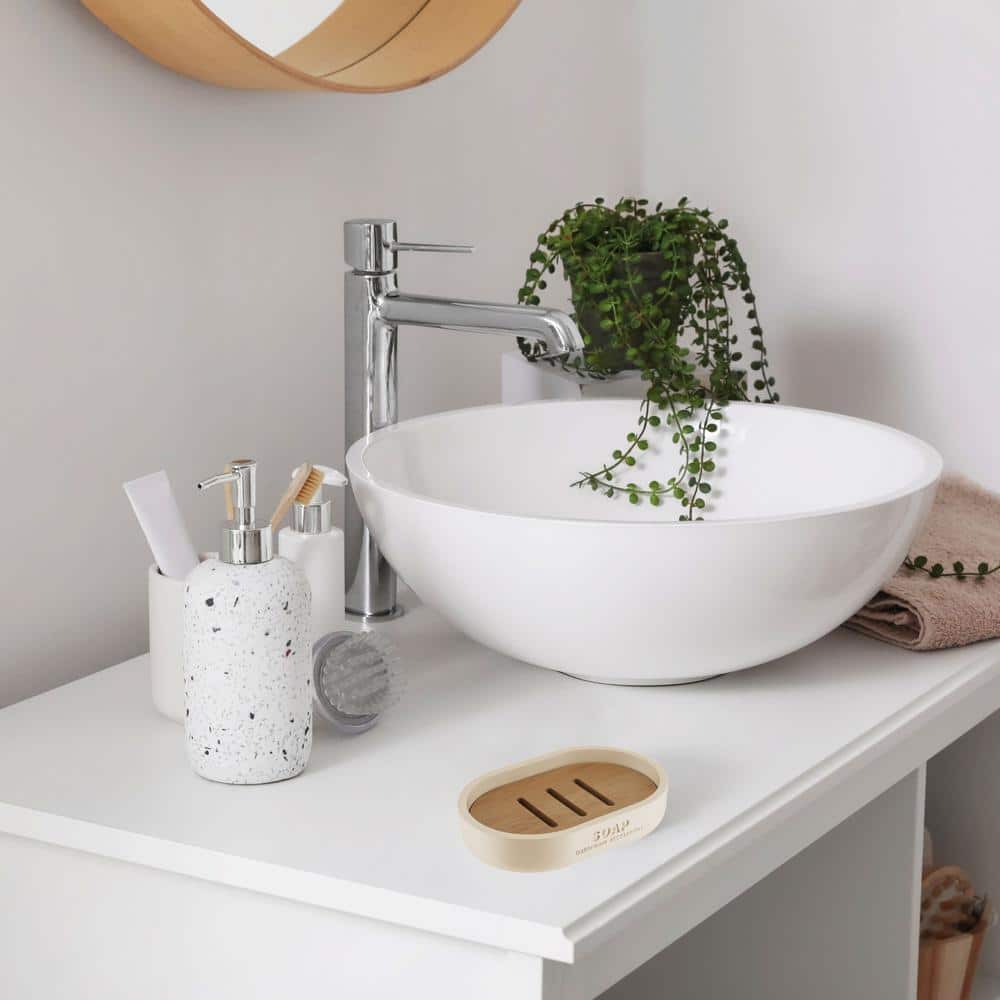 Beige Polyresin Soap Dish with Natural Bamboo Base