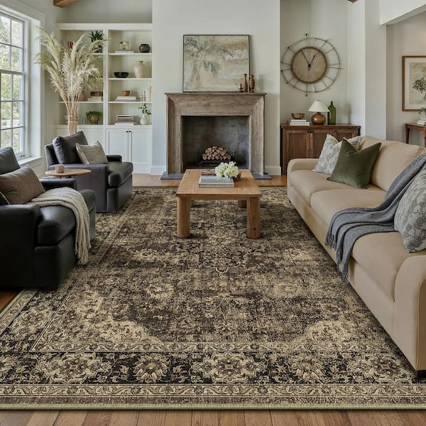 Goodberg 8 ft. X 10 ft. Brown Vintage Medallion Distressed Area Rug