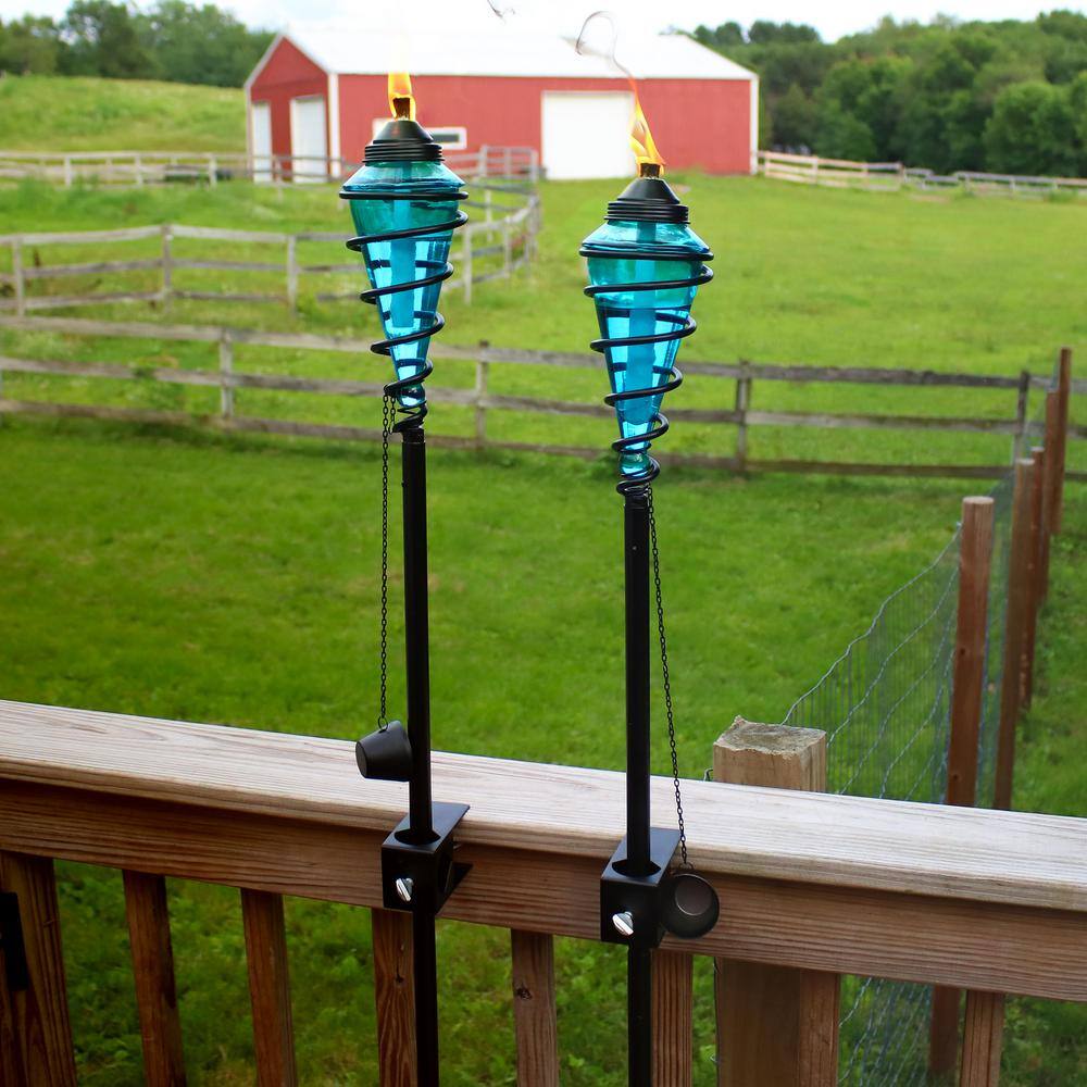 Blue Glass and Metal Swirl Adjustable Height Outdoor Torch Set