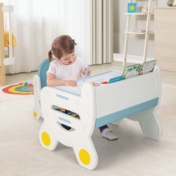 2-Piece Rectangular Plastic Top Blue Kids Drawing Table & Chair Set Reading Playing with Pens & Blackboard Eraser