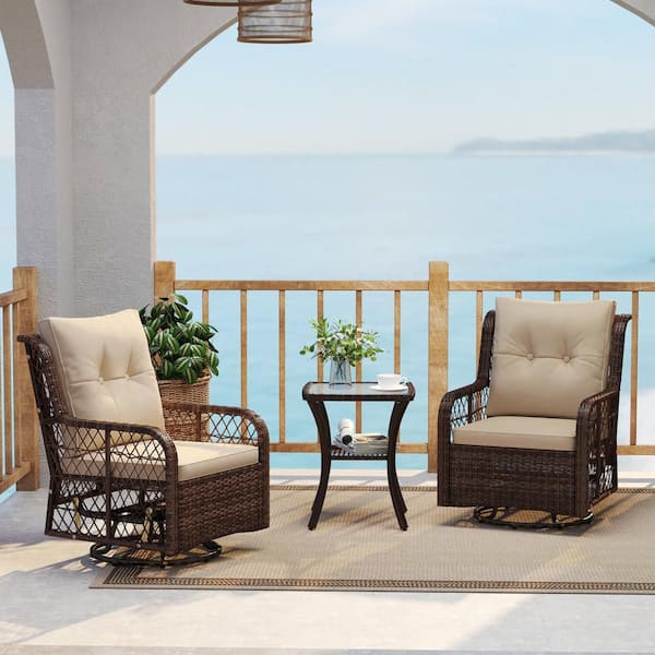 3 Piece Patio Furniture Set with 2-Tier Side Table and Cushions for Porch Brown