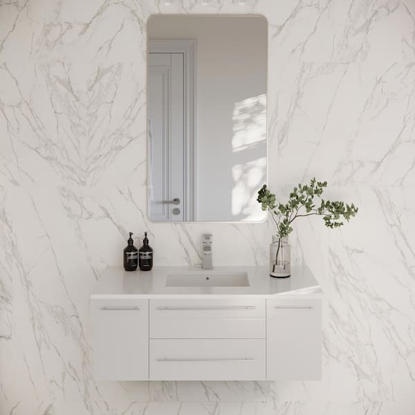 Lucera 42 in. Single Sink Wall Mount Floating White Bath Vanity with White Quartz Top and Undermount Ceramic Sink