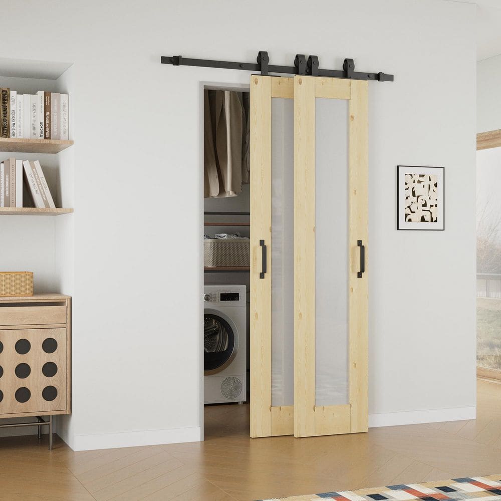 28 in. x 80 in. 1-Lite Frosted Glass Unfinished Solid Core Pine Wood Sliding Barn Door with Hardware Kit Bypass price history on PriceWatchPro