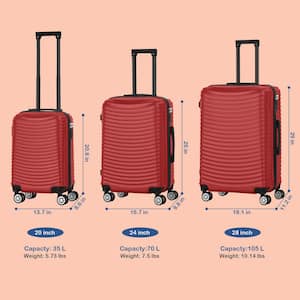 3 Piece Red Suitcase Spinner Hardshell Lightweight ABS TSA Lock Spinner Carry on Luggage Set