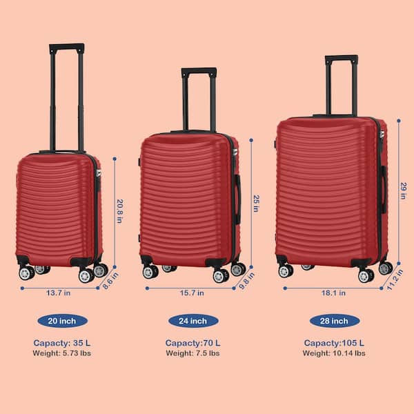 3 Piece Red Suitcase Spinner Hardshell Lightweight ABS TSA Lock Spinner Carry on Luggage Set