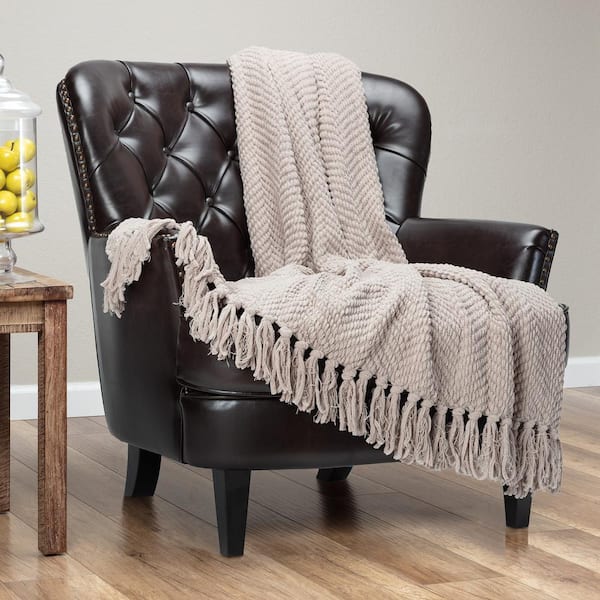 CHANASYA Textured Knit Taupe Acrylic Polyester Throw Blanket with Tassels - 50 in. x 65 in.