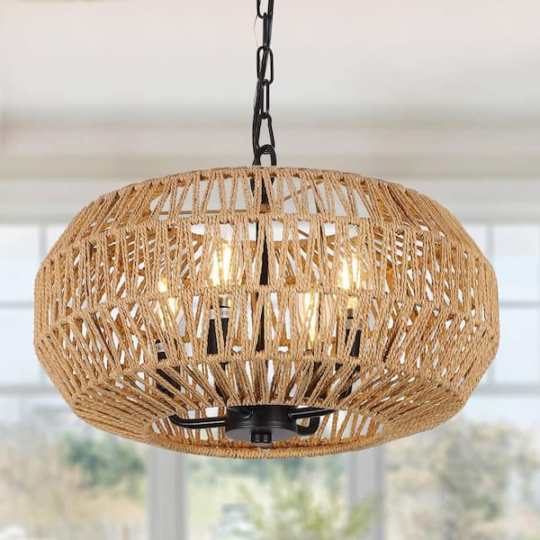 Boho 16 in. 4-Light Beige Rattan Pendant Light Chandelier