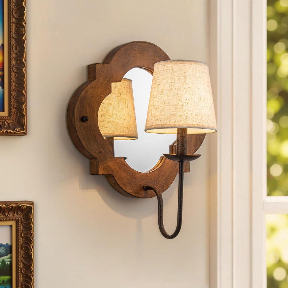 Noto 13.8 in. Antique Wooden 1-Light Wall Sconce Farmhouse Rustic Bathroom Mirror Vanity Light with Linen Fabric Shade price history on PriceWatchPro