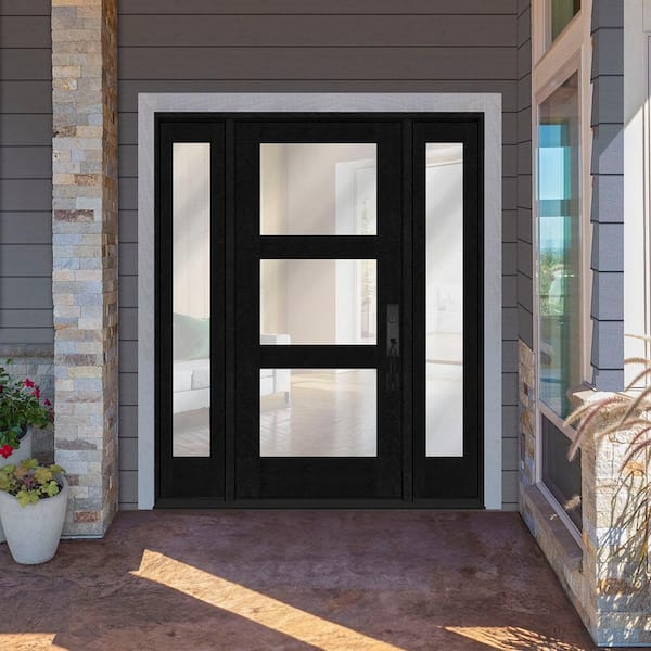 Regency 68 in. x 80 in. Modern 3-Lite Equal Clear Glass RHOS Onyx Mahogany Fiberglass Prehung Front Door DB 14 in. SL