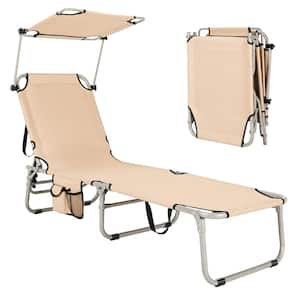 Foldable Metal Patio Outdoor Lounge Chair with Canopy and Side Package in Beige