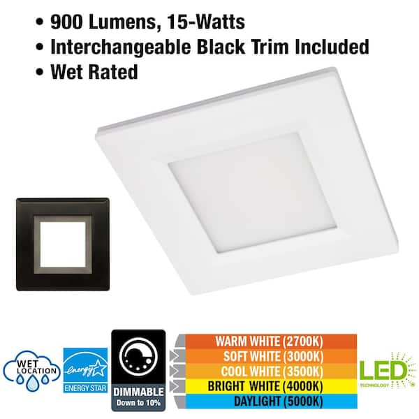 6 in. Square Canless Adjustable CCT Integrated LED Recessed Light with Night Light Feature & Black Trim Option Wet Rated