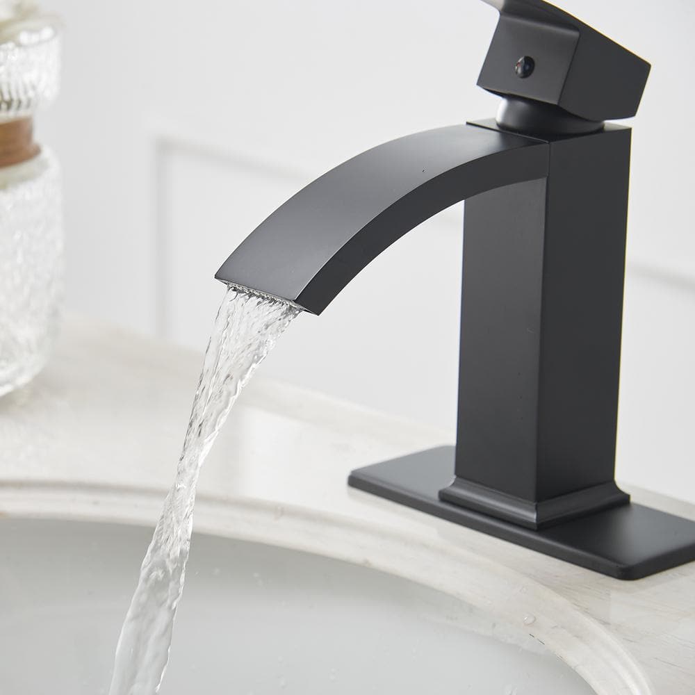 Matte Black Single-Handle Waterfall Bathroom Faucet with Pop-Up Drain