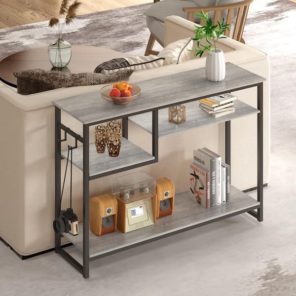 Bestier 39.4 in. Retro Grey Oak Rectangle Wood Console Table with 4 Tier Storage Shelves