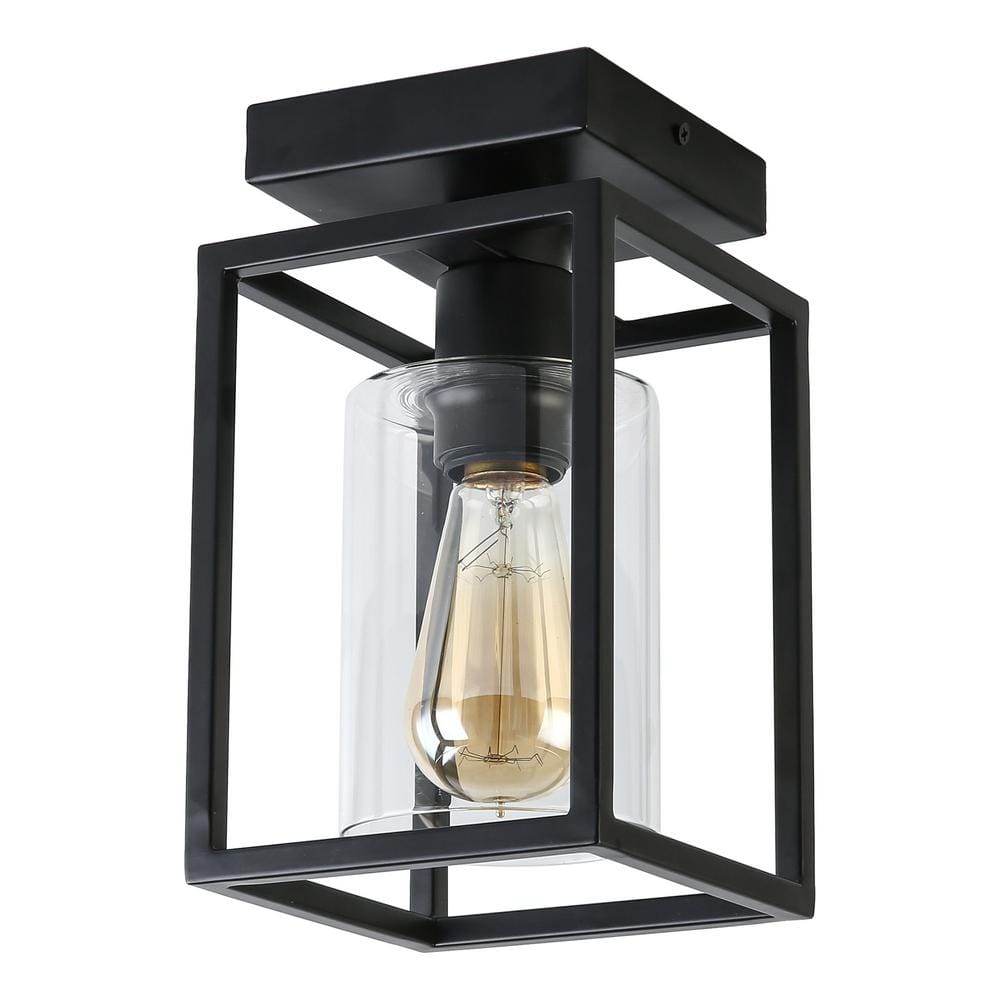 Black Metal Frame Semi-Flush Mount Ceiling Light with Clear Glass Shade