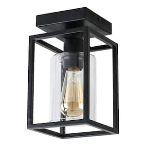 5.51 in. 1-Light Black Retro Semi-Flush Mount with Glass Shade and No Bulb Included (1-Pack)