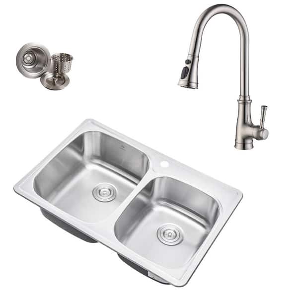 eModernDecor Topmount Drop-In 18-Gauge Stainless Steel 33-1/8 in. x 22 in. 1-Hole 60/40 Offset Double Bowl Kitchen Sink with Faucet