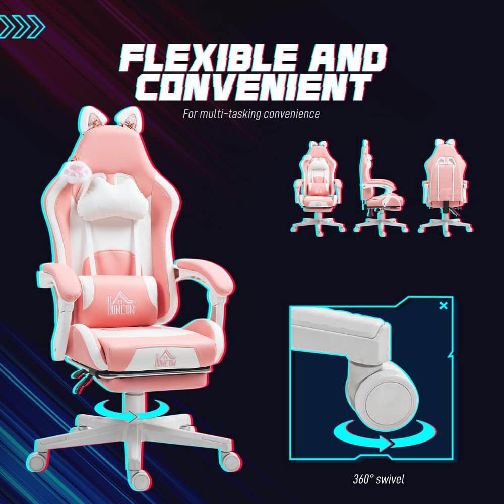 Pink Faux Leather Reclining Gaming Chair with Footrest and Cat Ears