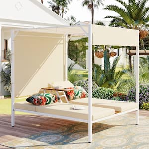 Wicker Outdoor Terrace Sun Day Bed with Beige Cushions and Adjustable Seat with Sunshade Cloth and Small Tabletop