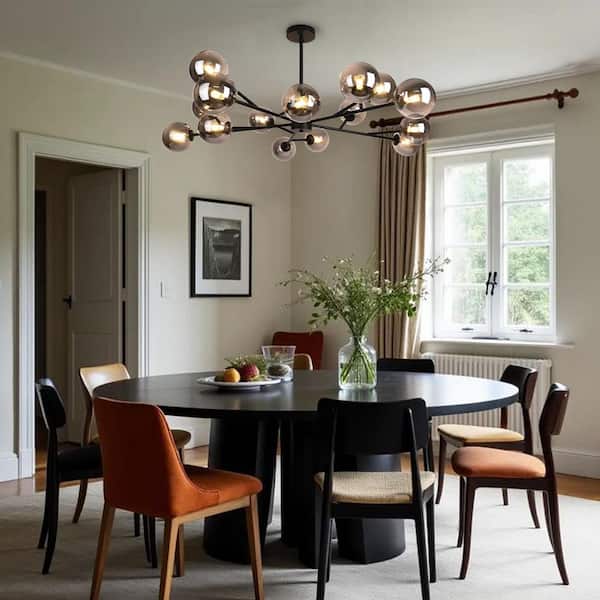 15-Light Metal Black Stupnik Modern Linear Chandelier with Smoked Glass Globle Shades