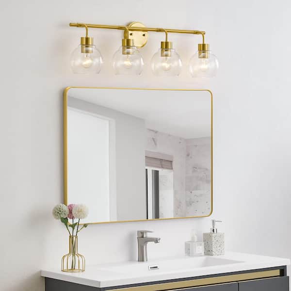 30.5 in. 4-Light Antique Brass Modern Indoor Vanity Light with Globe Glass Shades