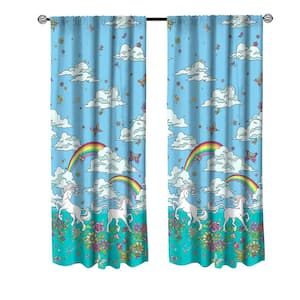 Rainbow Unicorn 48 in x 63 in Microfiber Light Filtering Window Panel in Blue (2-pack)