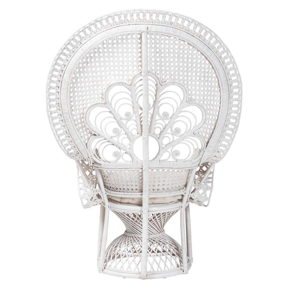 White Handcrafted Rattan Peacock Accent Chair with Upholstered Cushion