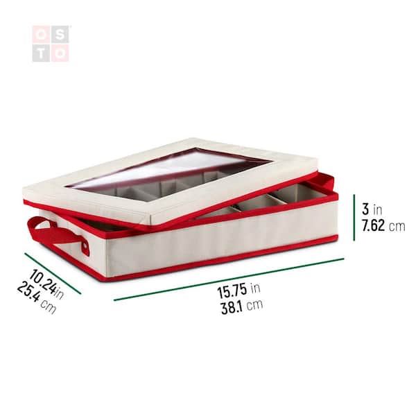 OSTO Holiday Dinnerware Storage Box with Lid; Plate Box Has Cardboard  Insert, Lid, Handgrips, Clear Window; Non-Woven Fabric Color Ivory and Red