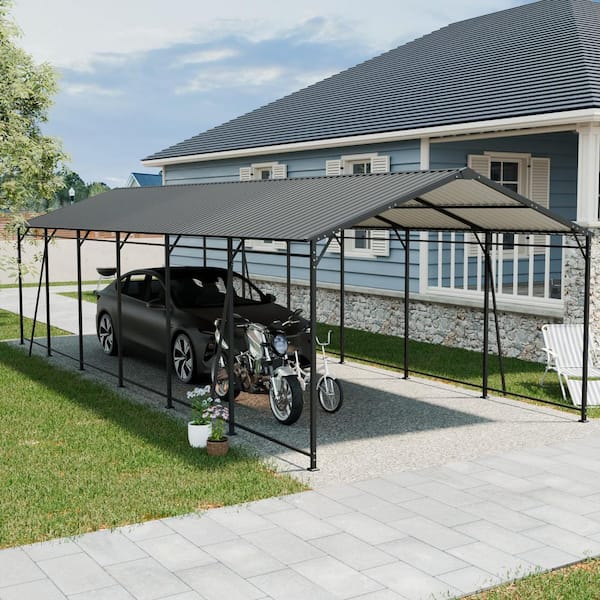 IMagacFun 12 ft. W x 32 ft. D x 8.8 ft. H Black Galvanized Steel Roof Metal Carport