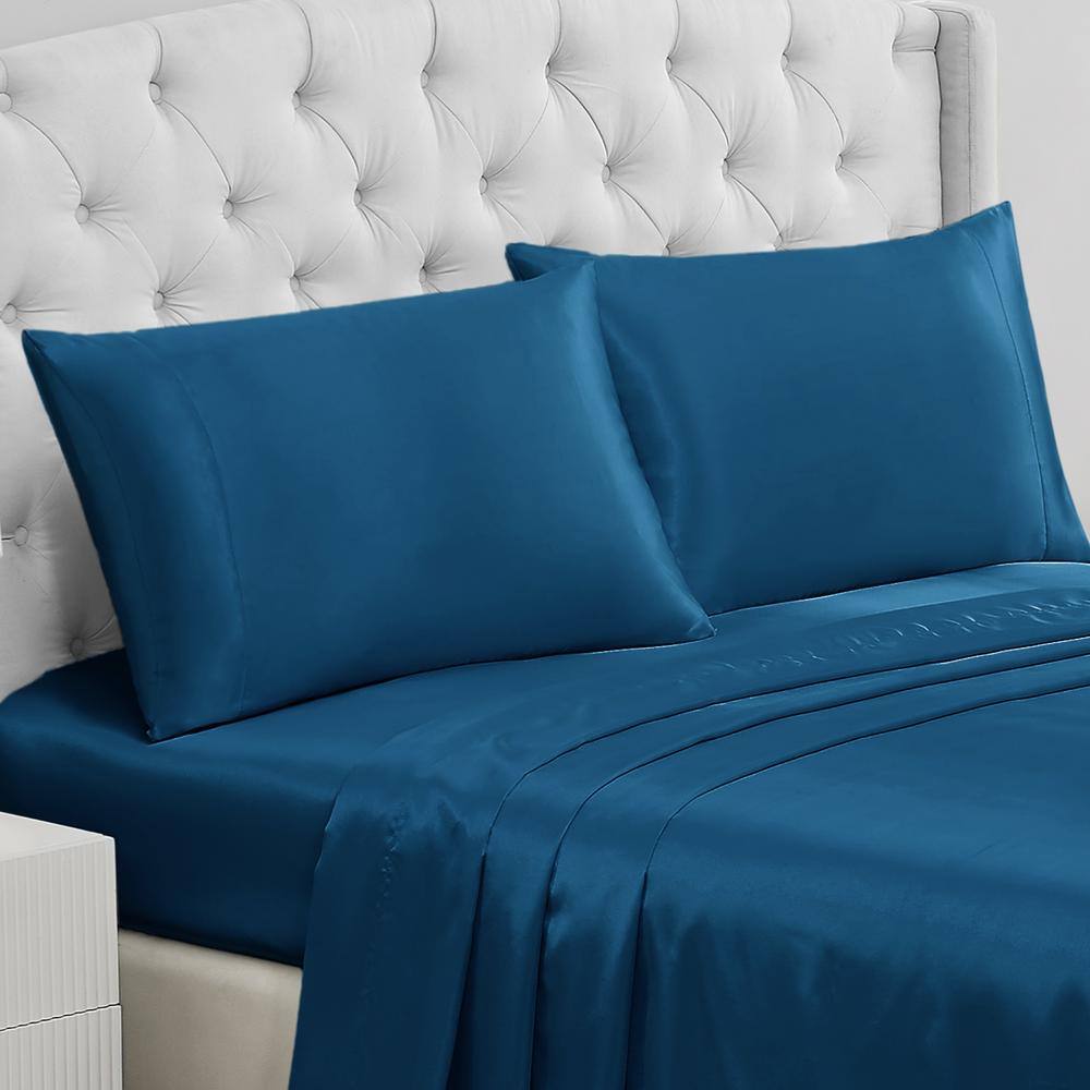 Luxurious Blue Satin Silk Standard Pillowcase Set