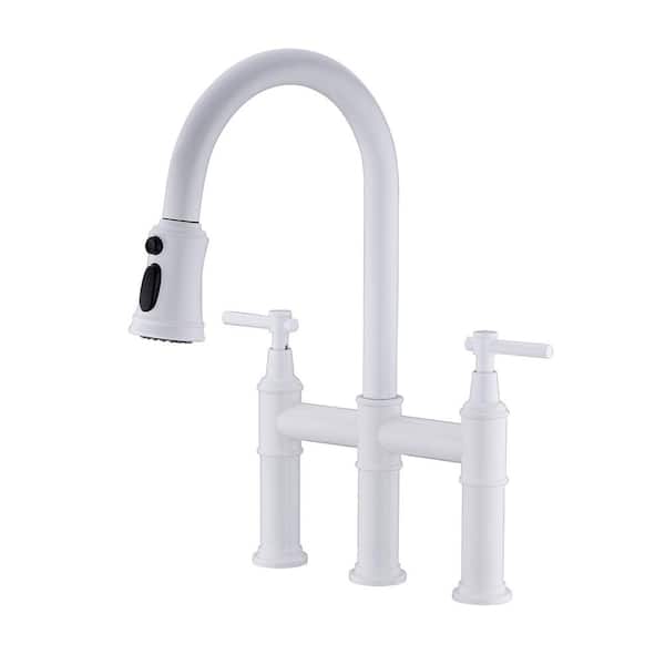 UPIKER Double Handle 360°Swivel Spout Bridge Kitchen Faucet with Pull-Down Spray Head and 3-Modes in White
