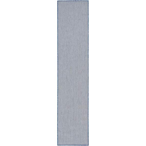 Nourison Courtyard Ivory Blue 2 ft. x 8 ft. Solid Geometric Contemporary Runner Indoor/Outdoor Area Rug