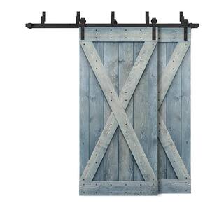 92 in. x 84 in. X Bypass Denim Blue Stained DIY Solid Wood Interior Double Sliding Barn Door with Hardware Kit