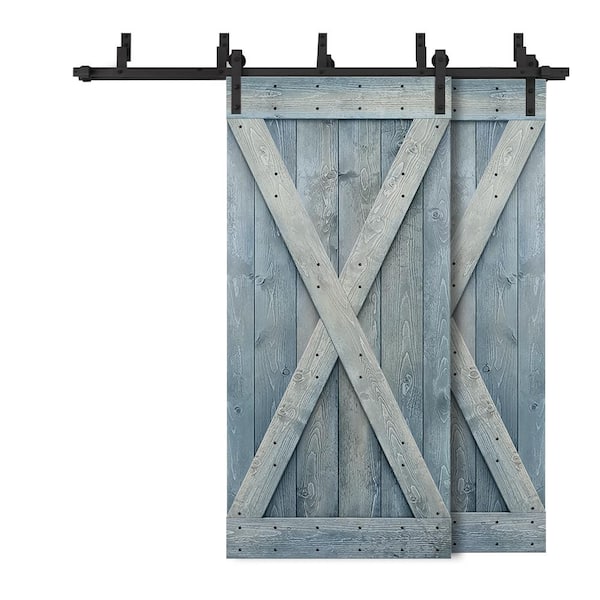 CALHOME 92 in. x 84 in. X Bypass Denim Blue Stained DIY Solid Wood Interior Double Sliding Barn Door with Hardware Kit