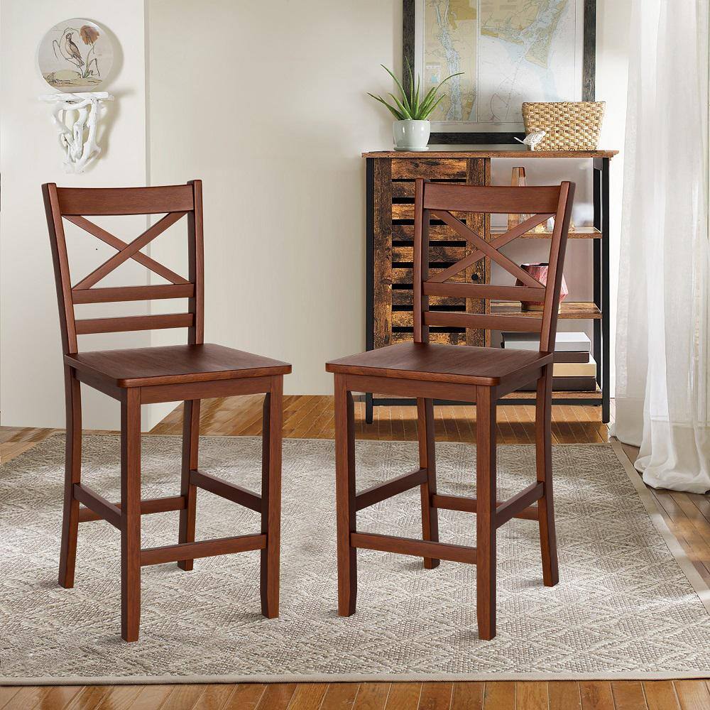 Antique Walnut 24'' Rubber Wood Counter Height Bar Stool Set