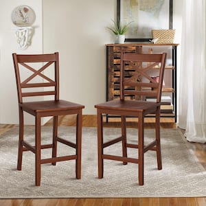 39 in. Antique Walnut Bar Stools 24 in. Counter Height Chairs with Rubber Wood Legs (Set of 2)
