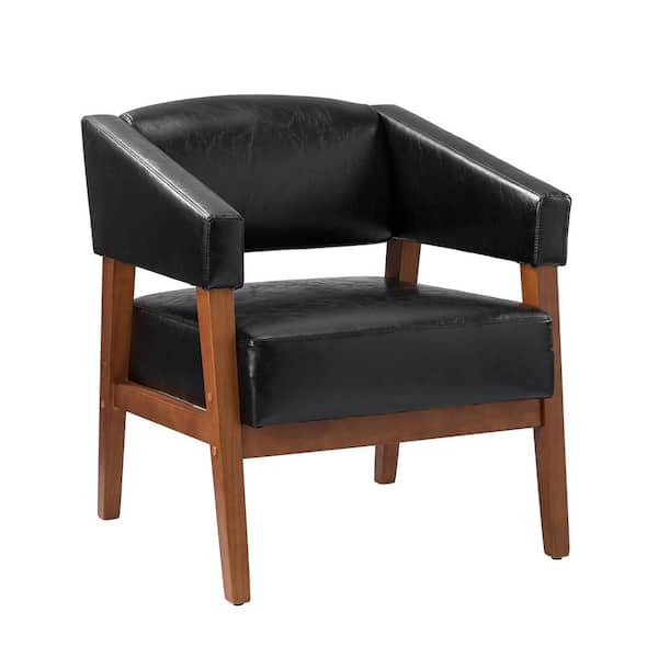 Patrick Black Mid-century Modern Vegan Leather Armchair with Solid Wood Legs