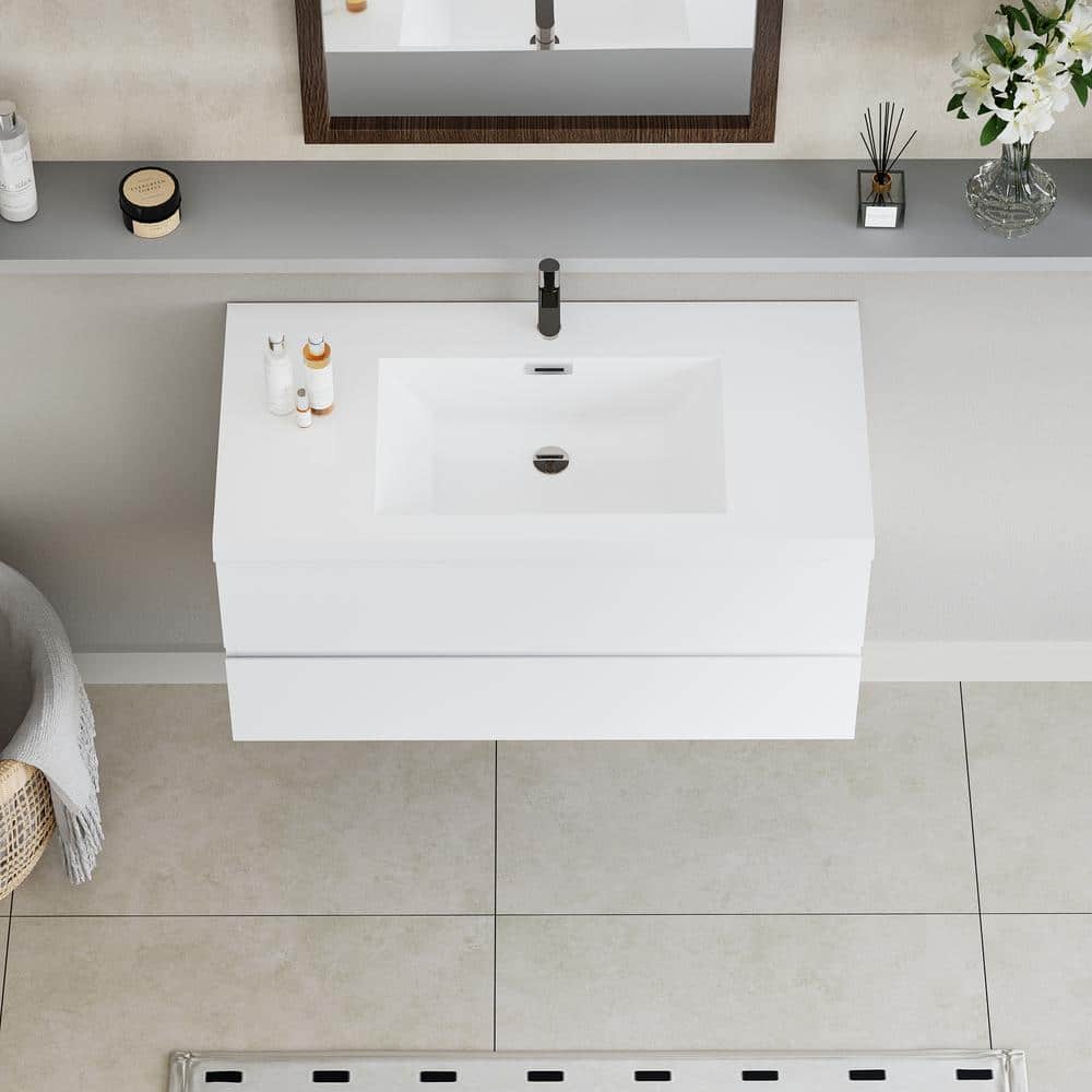 42" Glossy White MDF Floating Bathroom Vanity with Resin Sink