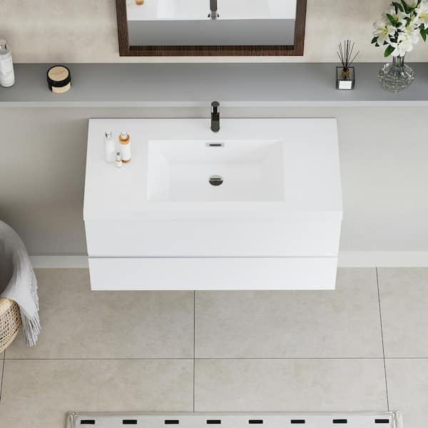 42 in. W Floating Bathroom Vanity in Glossy White with White Resin Top Basin, Soft Close Drawers