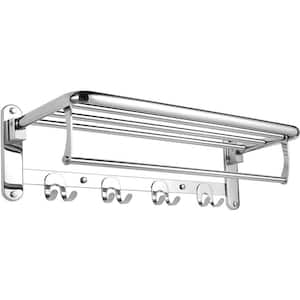 Wall Mounted Bathroom Foldable Towel Rack with Towel Hook and 4 Adjustable Towel Bars in Polished Silver