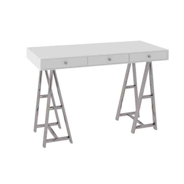 Benjara 33.5 in. White and Silver Rectangle Wood Top Console Table with 3-Drawer and Trestle Base