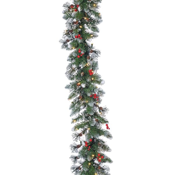 Sterling 9 ft. L Pre Lit Glazier Pine Artificial Christmas Garland with Iced Tips Red Berries, 100 UL Clear LED Lights