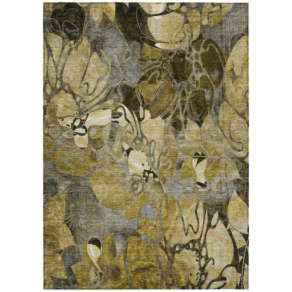 Green, Brown 5 ft. x 8 ft. Woven Abstract Polyester Rectangle Indoor / Outdoor Area Rug