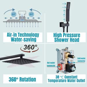 1-Spray Square Shower System Fixed Shower Head and Tub Faucet with Hand Shower in Matte Black (Valve Included)