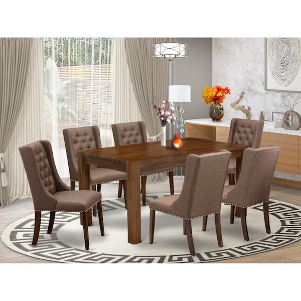 7-Piece Rectangle Natural Oak Finish Solid Wood Top Dining Set with 1 table and 6 Upholstered Chairs with Lattice Back