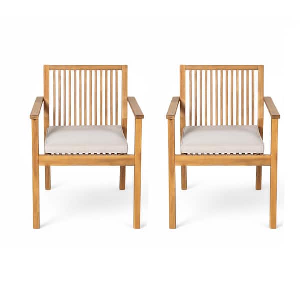 2 Pieces Sturdy Acacia Wood Natural Frame Outdoor Dining Chairs with Beige Cushion, 400 lbs. Capacity