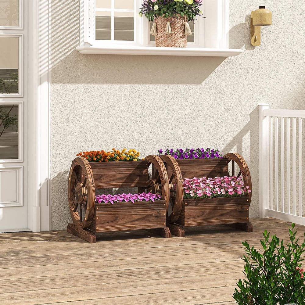 Rustic Brown Wooden Wagon Planter Box with Wheels for Indoor/Outdoor Use