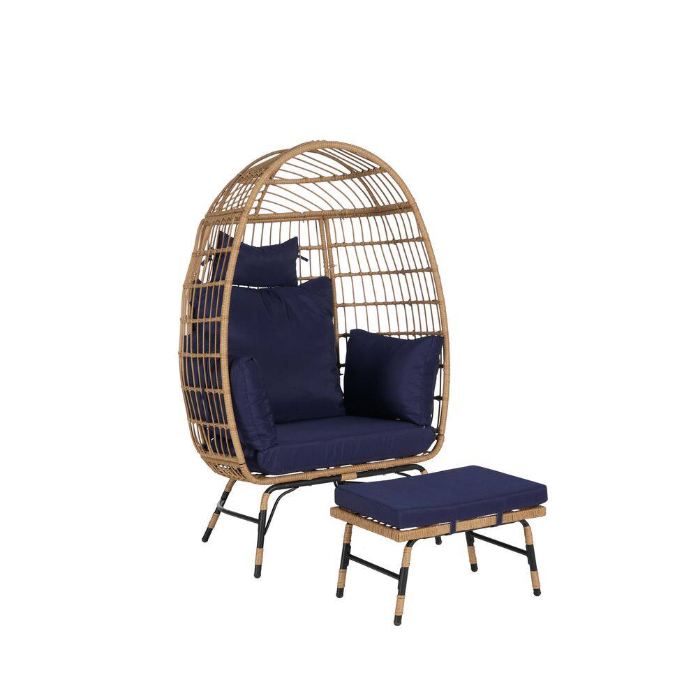 Natural Wicker Oversized Large Outdoor Lounge Chair, Patio Egg Chair with Ottoman and Dark Blue Cushions for Backyard price history on PriceWatchPro