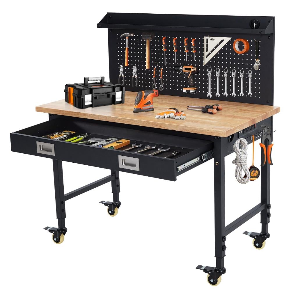 "48x24"" Workbench, 2000lbs, Rubber Wood, Drawer, Backplate, Light, Power, Pegboard, Lock Wheels, Black, Garage/Workshop" price history on PriceWatchPro